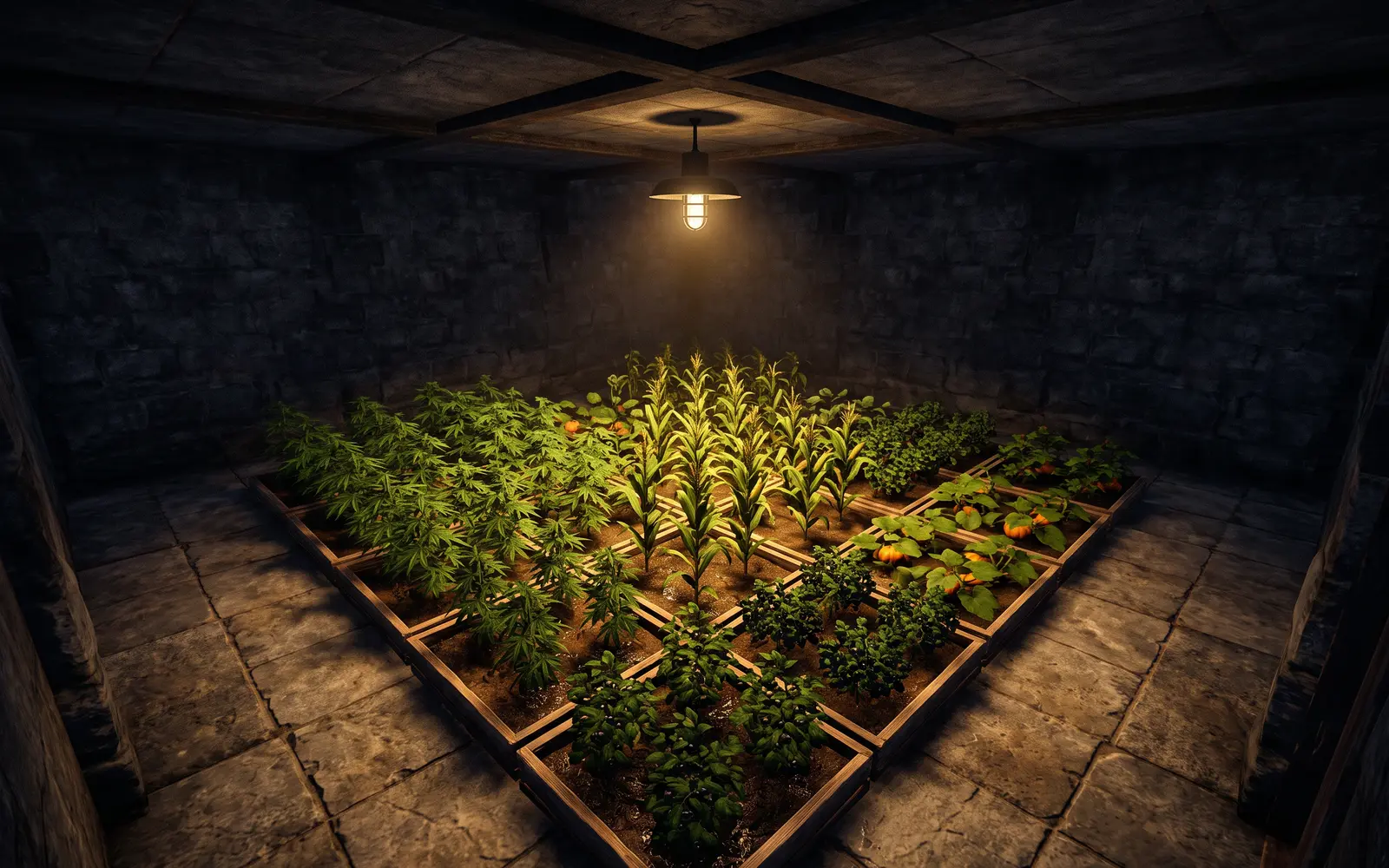 A single ceiling light hanging over a square farm of planters five foundations across
