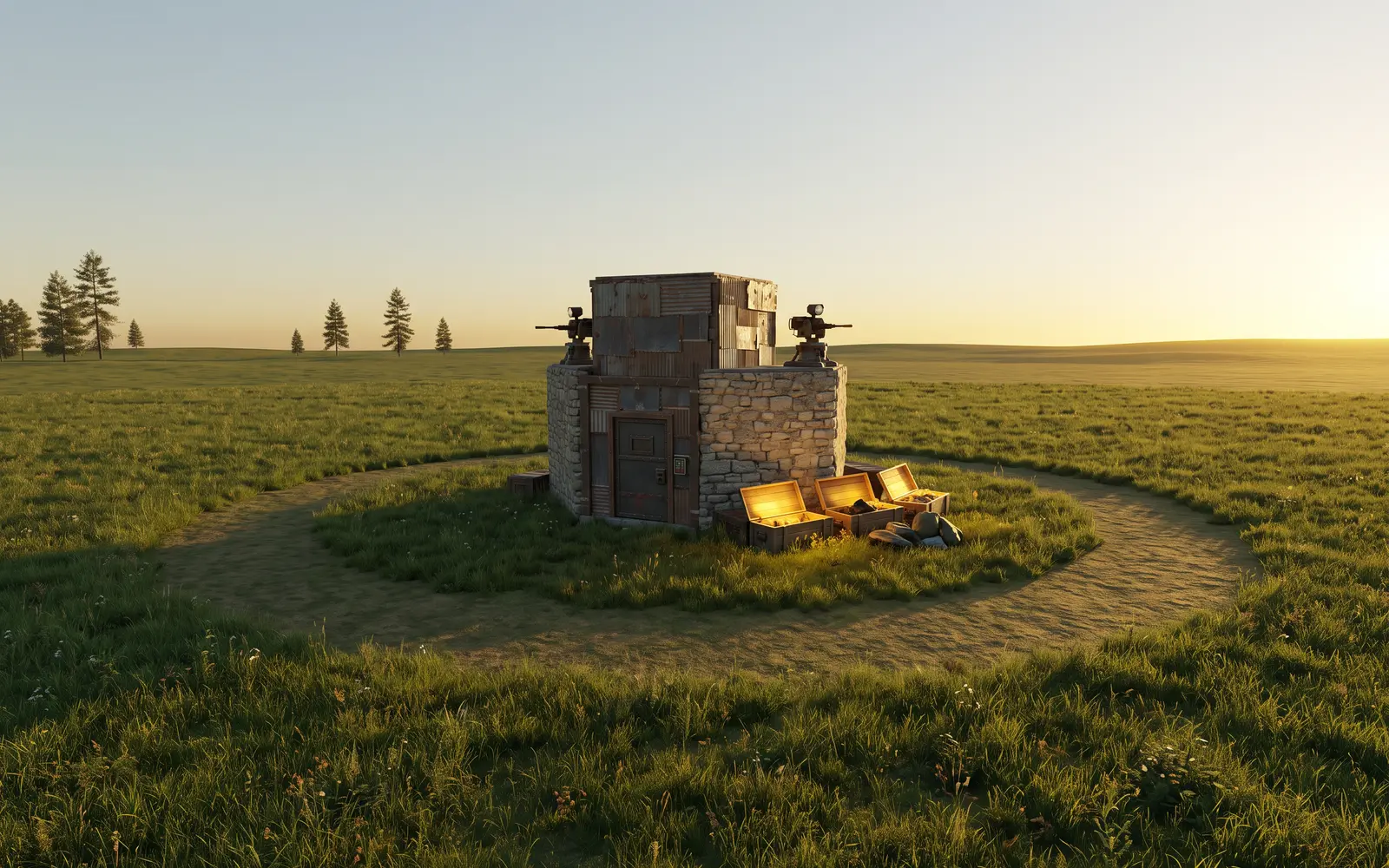 A raid base standing on a wide patch of open, flat land with nothing else built around it