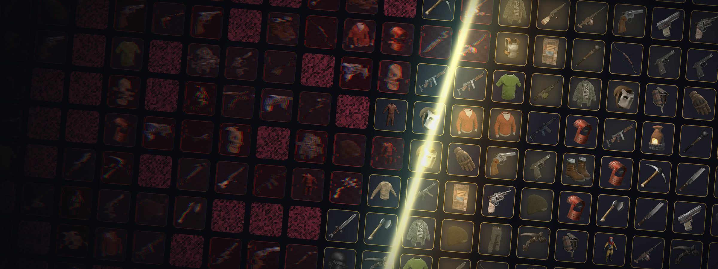Scrambled, glitched item icons on the left being repaired by a gold wave into clean, correct icons on the right