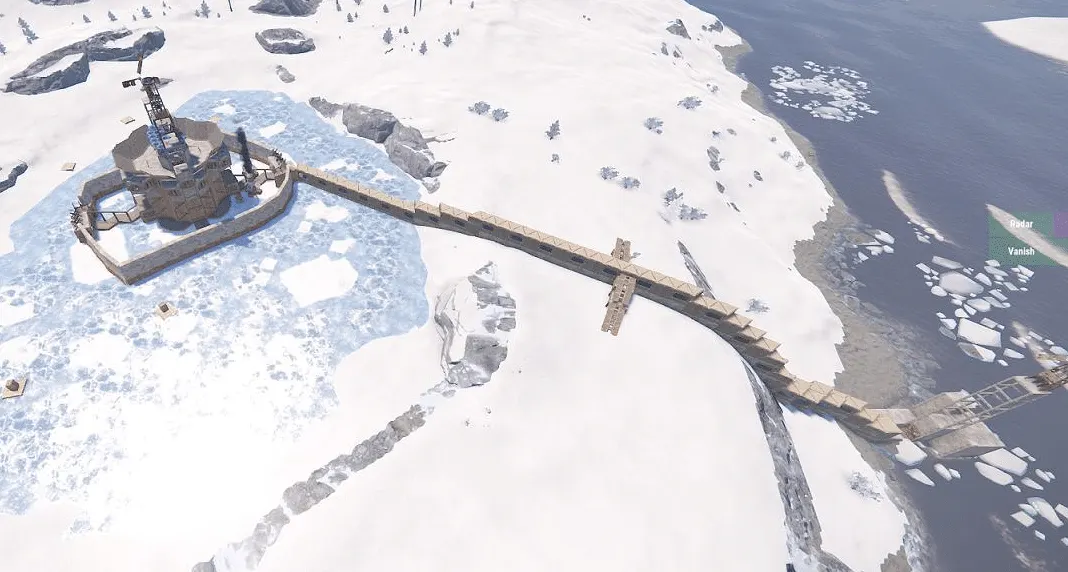 A long line of foundations used as a bridge across water