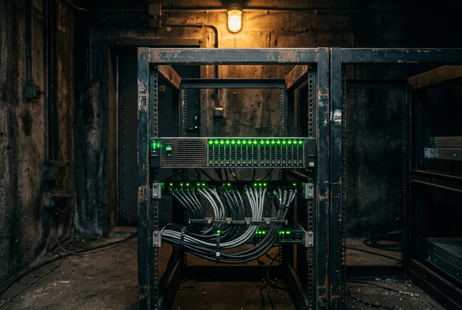 A dedicated server in a rack with steady green status lights