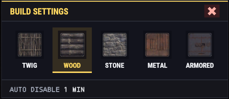 The Build Settings window with wood selected and the five grade tiles, showing AUTO DISABLE 1 MIN