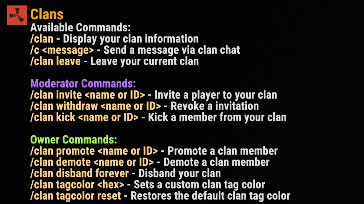The /clanhelp command list in game chat