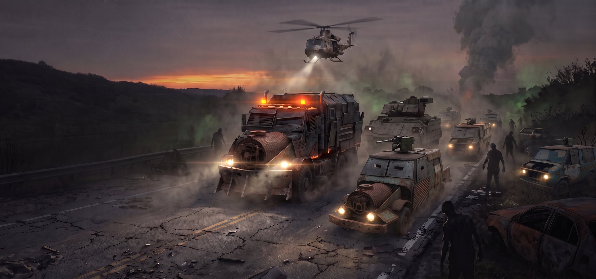 An armed convoy of armored trucks and a Bradley APC rolling down a dusty Rust road at dusk, headlights on, an attack helicopter overhead