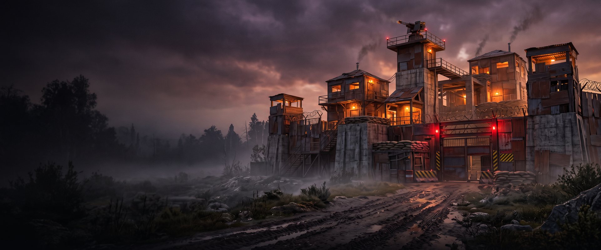 A fortified raid base at dusk: watchtowers with glowing windows, a turret on top, red warning lights over the gate