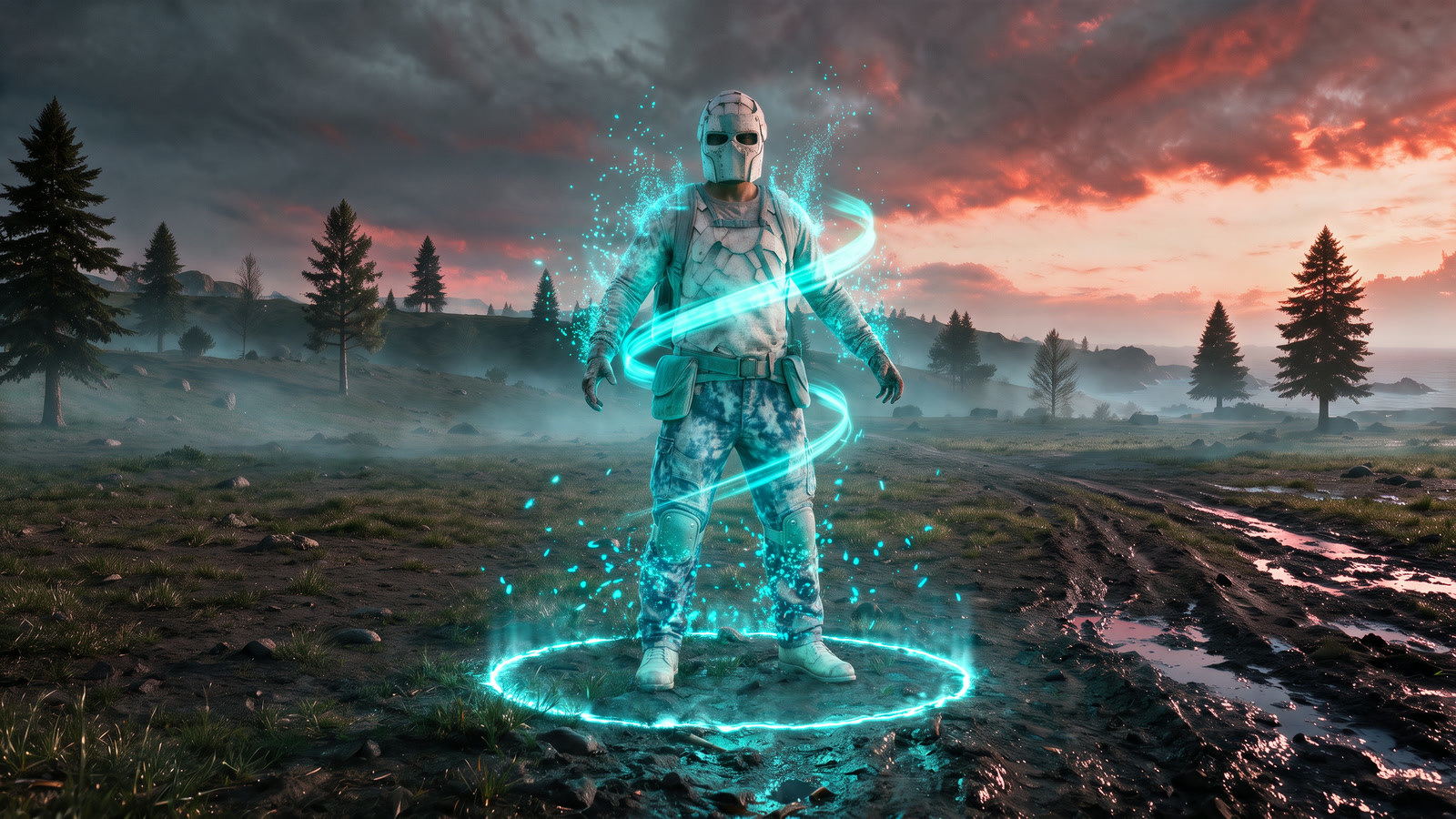 A survivor dissolving into frost-cyan teleport energy