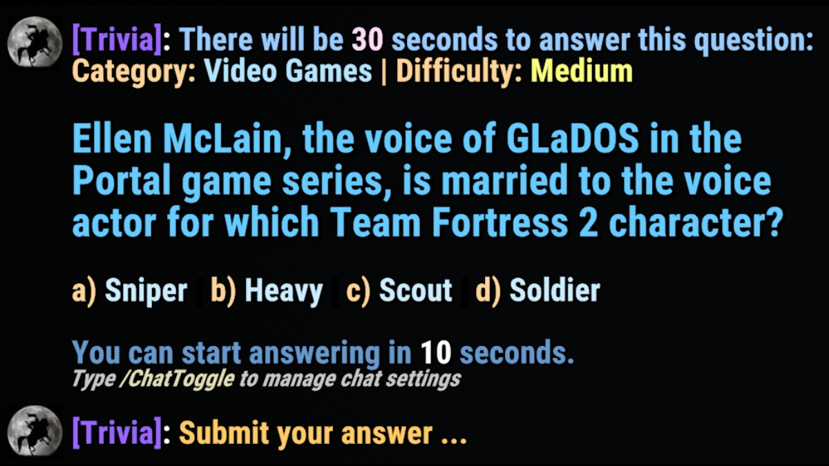 A trivia question and winner in chat