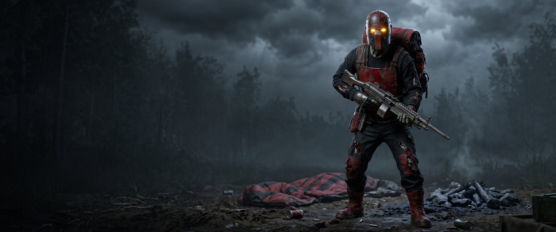 A walker: a dead survivor risen as a zombie in his own armor and helmet, eyes glowing, gripping his machine gun
