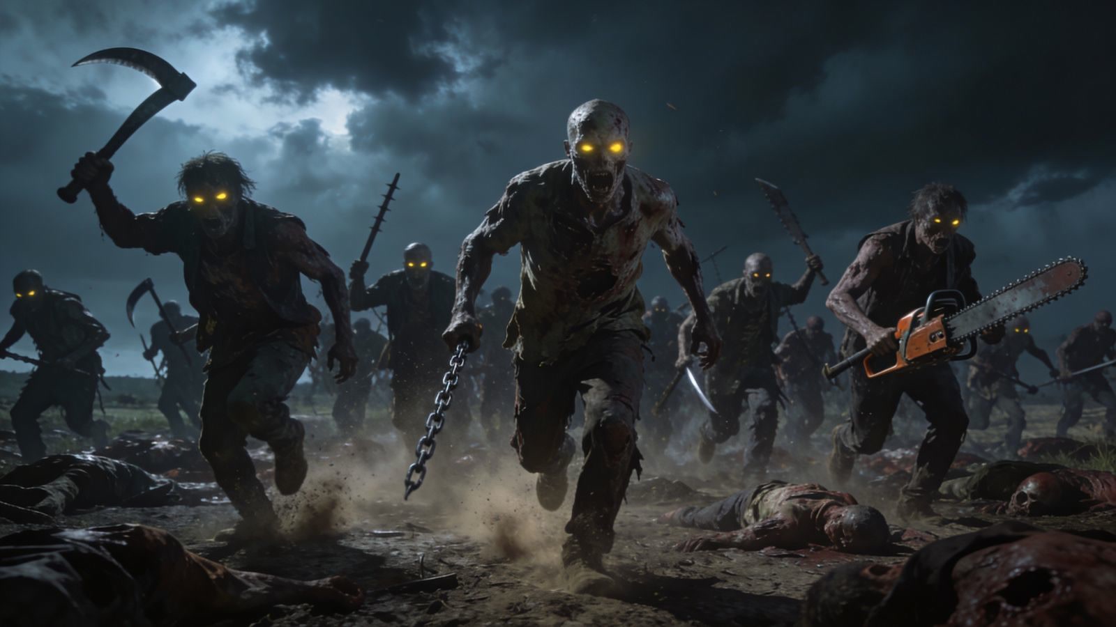 Zombie horde charging with weapons