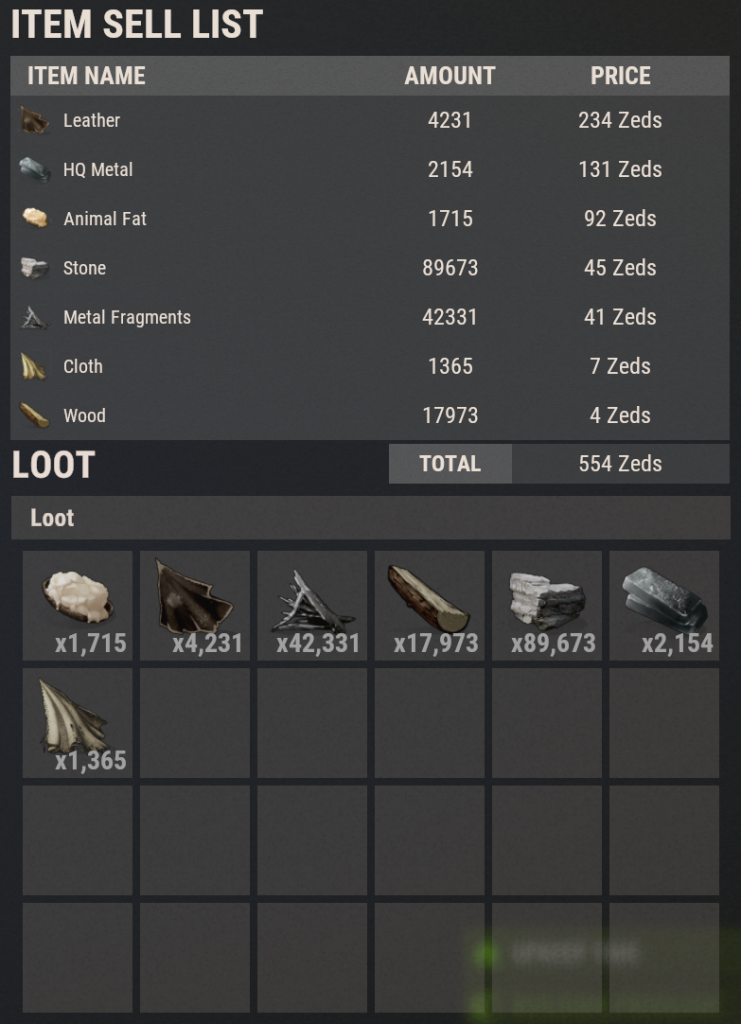 Resources sell UI